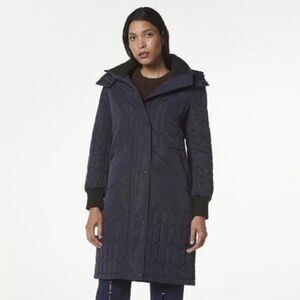 Andrew Marc Womens Herringbone Hooded Quilted Puffer Coat Navy Extra Small New